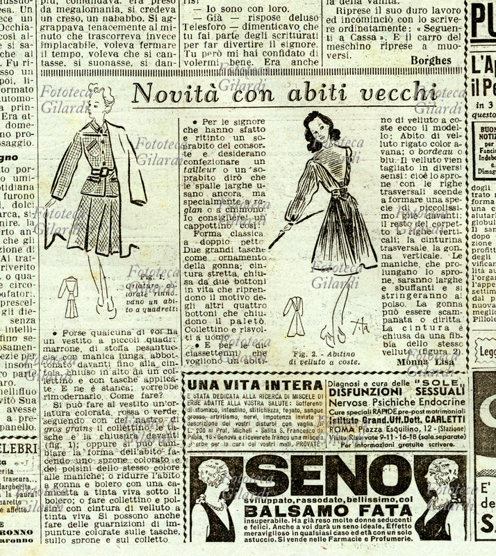 ECONOMIA DOMESTICA "Novità con abiti vecchi": consigli di Monna Lisa alle casalinghe per rinnovare il guardaroba in economia. In calce alla pagina, alcune pubblicità per il benessere e la salute dei lettori: le miscele di erbe del Prof. Micheli, le cure speciali rapide pre-post matrimoniali dell\