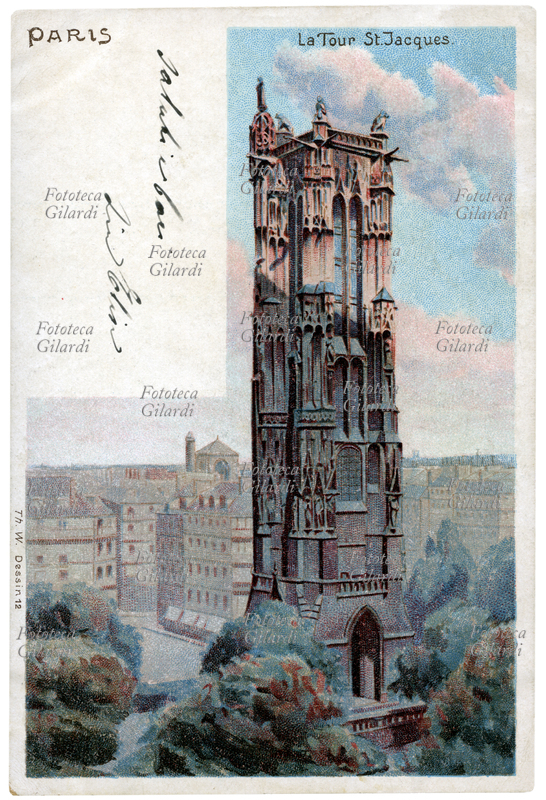 PARIGI veduta della torre St. Jacques. Cartolina postale cromolitografica, con "Saluti e baci" in calligrafia con stilografica, Francia 1900.