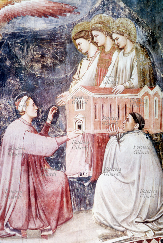 GIOTTO (1267 – 8 gennaio 1337), il committente Enrico Degli Scrovegni (? - dopo 1336), banchiere, politico e mecenate padovano, offre alla Madonna (che gli tende la mano) il modello della Cappella degli Scrovegni, sorretto da un monaco identificato su fonti diverse con il teologo agostiniano Alberto da Padova (1269 circa - 1328) oppure il teologo Altegrado de Cattanei da Lendinara (metà del XIII secolo – 1° ottobre 1314). Dettaglio dall\