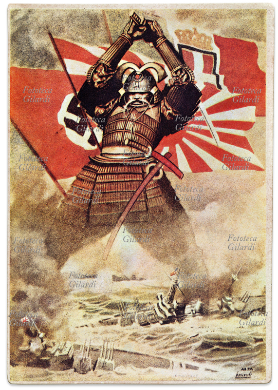 WWII PACIFIC Pearl Harbor. Propaganda postcard illustrated by Gino Boccasile, praising the Japanese attack made against the American base at Pearl Harbor. The flags of the Tripartite Pact (Germany, Japan, Italy) are the background to the Samurai who railed against the American fleet, December 7, 1941