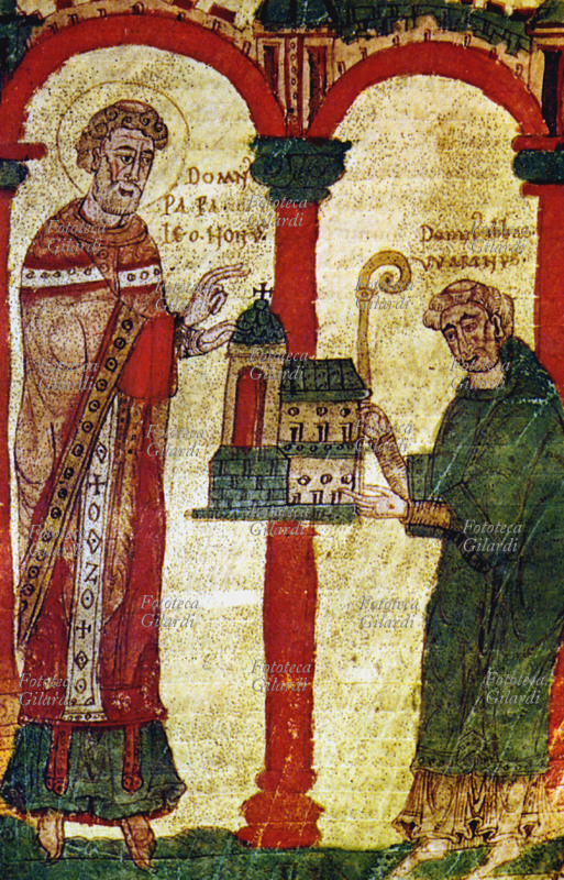 POPE LEO IX (21 June 1002 – 19 April 1054) consecrates the Abbey of Saint Arnoud in Metz; Bishop Warino of Metz hands him the model of the Abbey. 11th century miniature