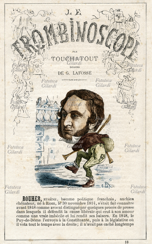 Eugène ROUHER (1814 - 1884) uomo politico francese, suona la cornamusa. Caricatura di Georges Lafosse (1844-1880) da "Le Trombinoscope", periodico politico satirico di Léon-Charles Bienvenu, detto Touchatout (1835 -1910); monografia n. 18, Imprimerie Vallée, Parigi, gennaio 1872