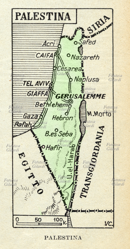 CARTOGRAPHY. Political map of Palestine from a didactic popular book for boys. The paper seems not taking any account of the events of 1948 and the UN resolution regarding the establishment of the State of Israel. Italy, 1949
