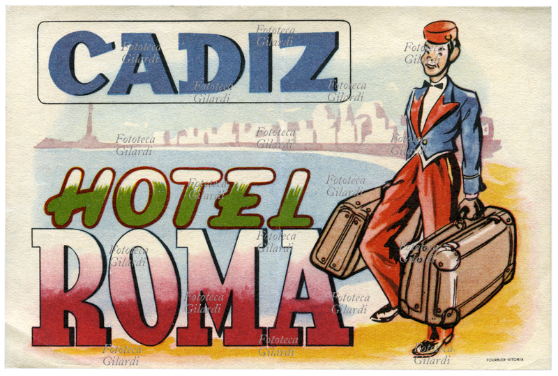 TOURISM Advertising label for the Hotel Roma in Cadiz, a cheerful bellhop in uniform carrying guests\