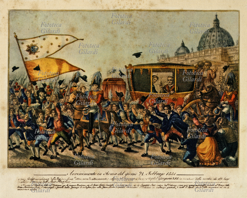 RISORGIMENTO Papa Gregorio XVI in portantina (una carrozza trainata da uomini) passa tra la folla, acclamato dopo il fallito tentativo insurrezionale. Stampa a colori dell\