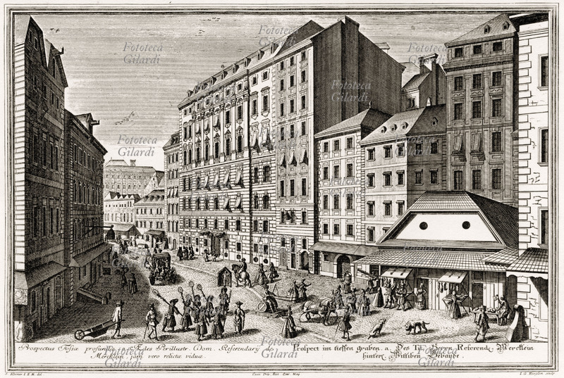 VIENNA veduta di una strada viennese. Salomon Kleiner (1703 - 1761), incisione del XVIII secolo,
