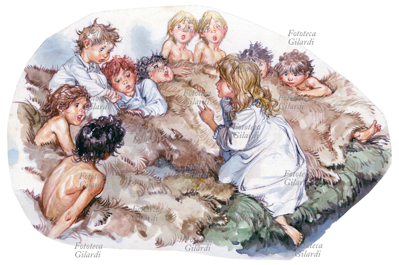 James Mattew BARRIE (1860-1937) Wendy racconta una favola ai bimbi sperduti - illustrazione di Libico Maraja (1912-1983) pittore, disegnatore e illustratore, per i racconti \