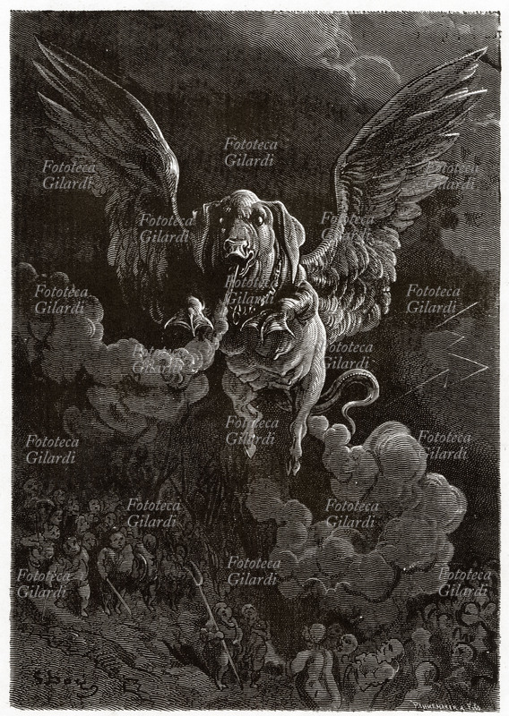 François RABELAIS (1494-1553) Maiale, il porco volante lascia una scia di vapori delle sue flatulenze, in una apparizione al di sopra dei campi di battaglia fra gli uomini di Pantagruele e le salsicce. Illustrazione di Gustave Doré per \