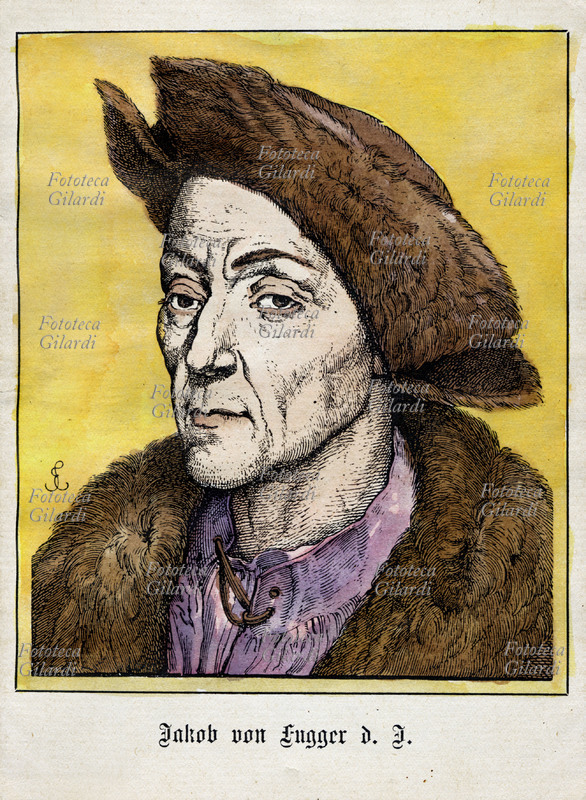 Jacob FUGGER (1459-1525) capostipite della casata di famosi banchieri tedeschi che raggiunse la massima importanza economica agli inizi del XVI secolo. Stampa acquerellata XIX secolo