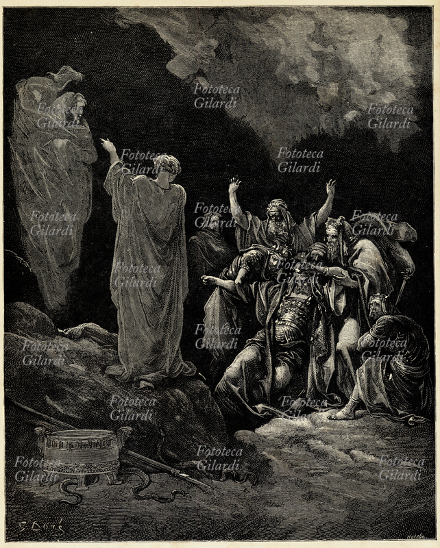 Gustave DORÉ (1832-1883) Bibbia. Lo spirito del profeta Samuele evocato dalla strega di Endor predice a re Saul la sconfitta di Israele da parte dei Filistei. Incisione di Gustave Dorè per una edizione dell\
