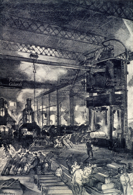 STORIA INDUSTRIA SIDERURGICA Stabilimento Breda di Sesto San Giovanni. La sala della grossa pressa e grossi magli a fucinare. Disegno dal vero di Giovanni Greppi, 1915 - 1920