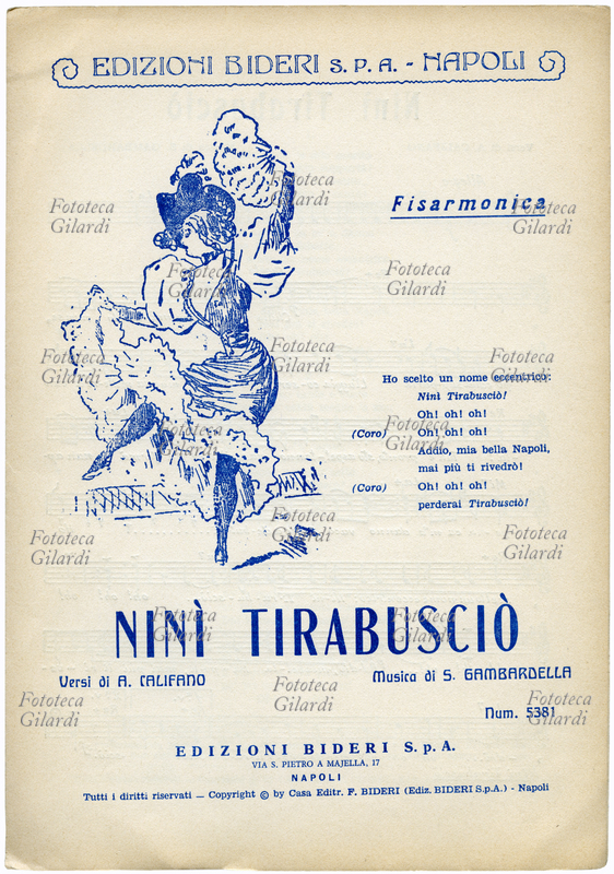 CANZONE NAPOLETANA Copertina dello spartito musicale per fisarmonica di "Ninì Tirabusciò", versi di Aniello Califano (19 gennaio 1870 – 20 febbraio 1919), musica di Salvatore Gambardella (17 novembre 1871 – 29 dicembre 1913). L\