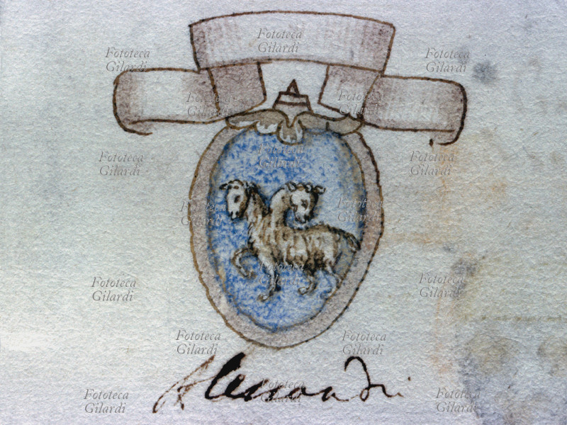 STEMMA della famiglia Alessandri di Firenze raffigurante un agnello bicipite. Disegno da codice manoscritto, Firenze XVI secolo.