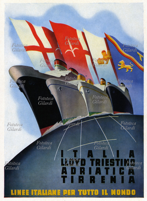 TOURISM Advertising poster for Lloyd Triestino Adriatica Tirrenia, an Italian shipping line serving the world. The illustration depicts four ships sailing the world\