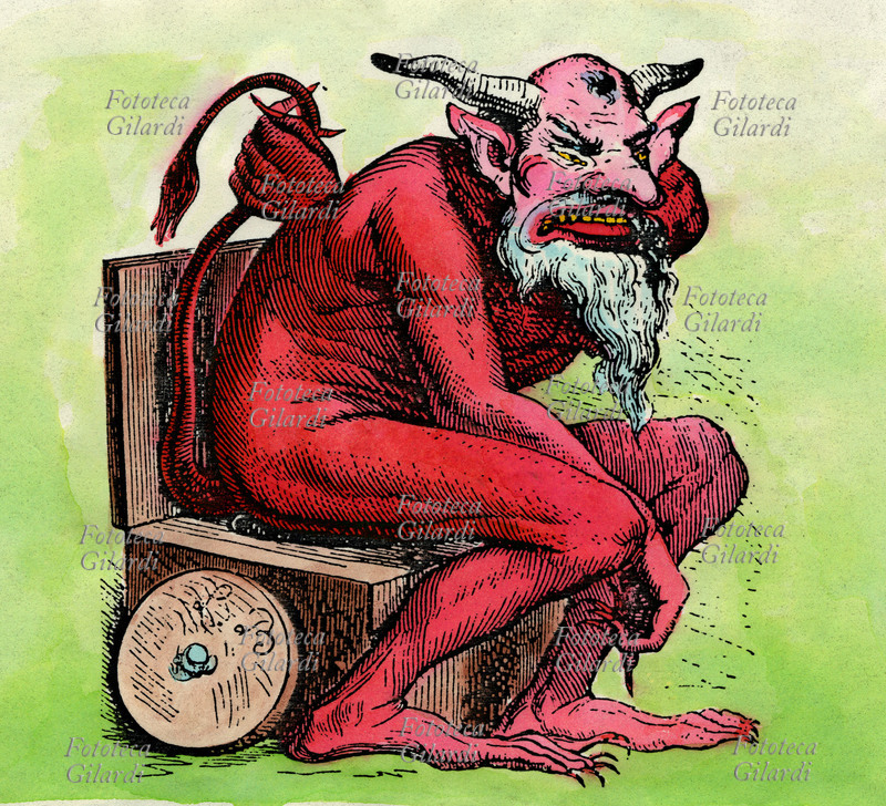 DIAVOLI Raffigurazione del diavolo Belfagor seduto che si regge la coda. Incisione di Louis Le Breton (15 gennaio 1818 - 30 agosto 1866) per il \