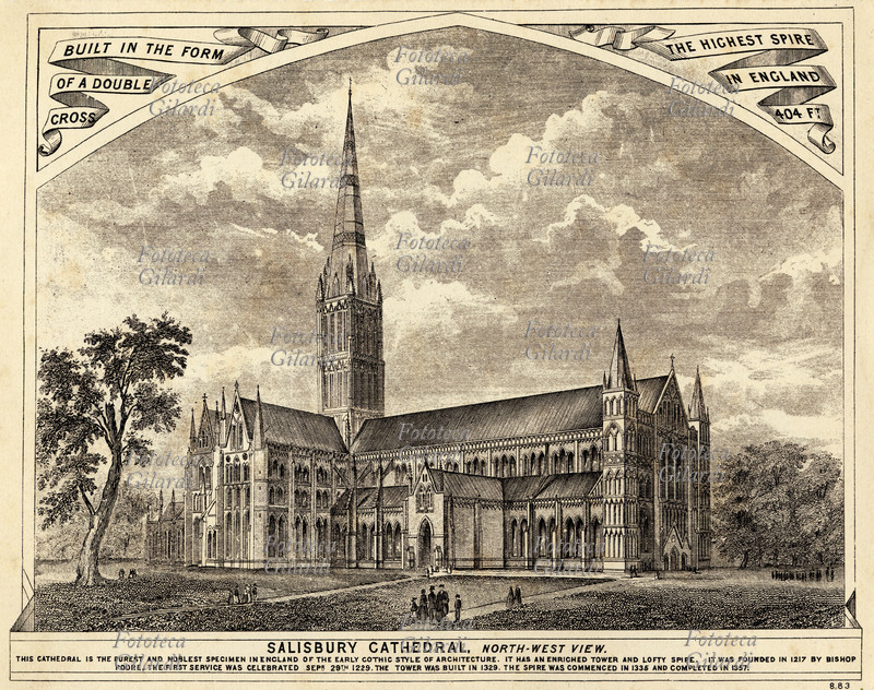 SALISBURY Cattedrale, veduta nord occidentale. La cattedrale è il più puro esempio di antico stile gotico in Inghilterra. Fondata nel 1217 dal vescovo Poore, la prima messa celebrata il 29 settembre 1229, fu ultimata con il campanile nel 1357. Calcografia di E.S. Robinson, Bristol 1880