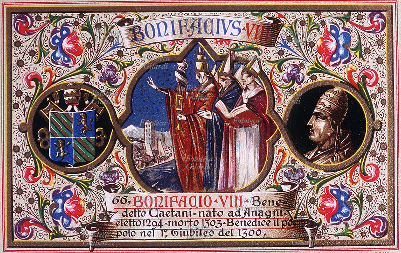 BONIFACIO VIII (1230-1303), al secolo Benedetto Caetani, nato ad Anagni, eletto nel 1294, benedice il popolo nel 1° giubileo del 1300. Cartolina cromolitografica n. 66 dalla \