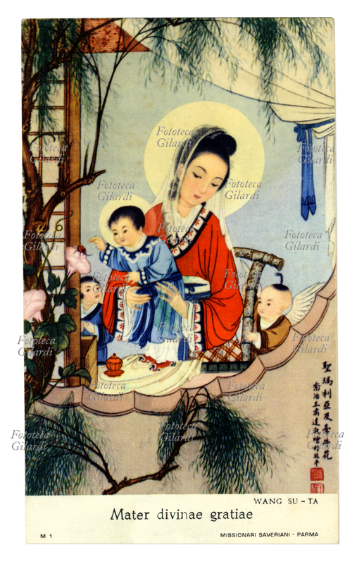 MADONNA - CINA Madonna con bambino, immaginetta devozionale con dipinto di Wang Suda (1910-1963) fotoincisione - circa 1970