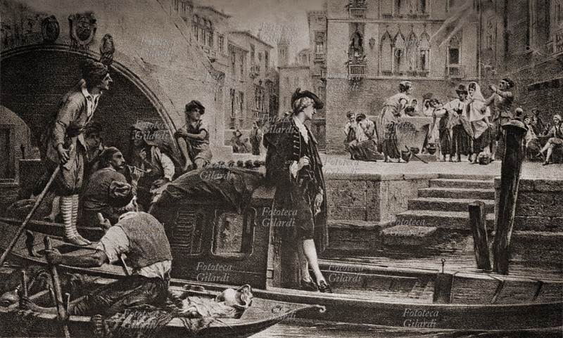 Carlo GOLDONI (1707-1793) in gondola mentre studia dal vero le situazioni che riporterà nei suoi copioni. Stampa del XIX secolo