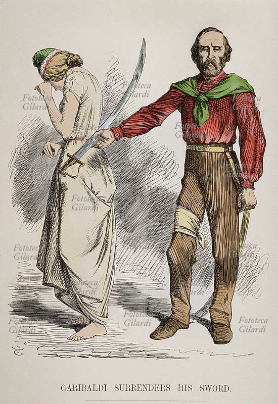 Giuseppe GARIBALDI (1807-1882) Ritirata da Roma, fine della Repubblica Romana, 1849. Garibaldi depone la sua spada e lascia Roma. Illustrazione colorata da giornale inglese dell\