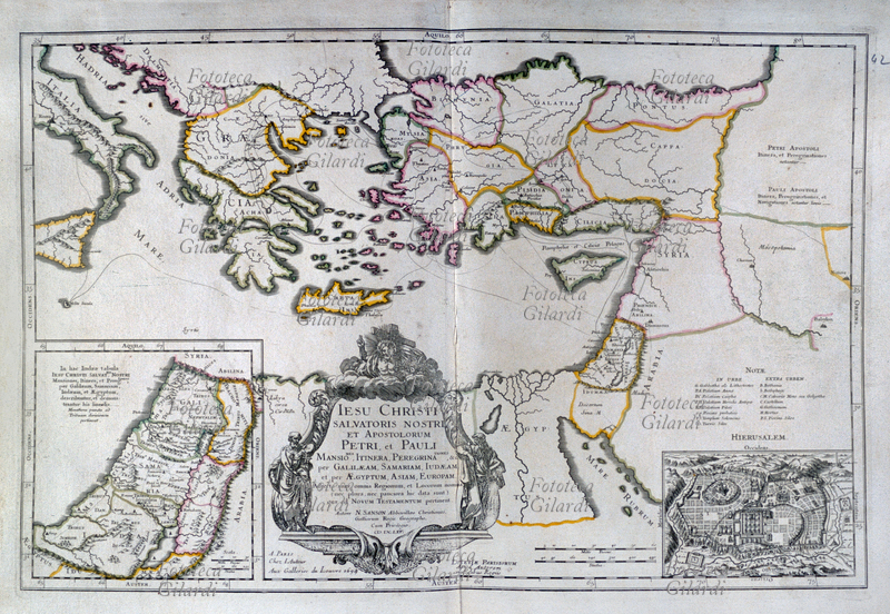 GEOGRAFIA SACRA Gesù Cristo e gli apostoli Pietro e Paolo: i territori di permanenza, i viaggi, i pellegrinaggi etc. (dettaglio del riquadro di Gerusalemme in #38805) descritti in una carta tracciata da Nicolas Sanson (1600-1667), geografo reale francese, pubblicata postuma. Parigi, 1699