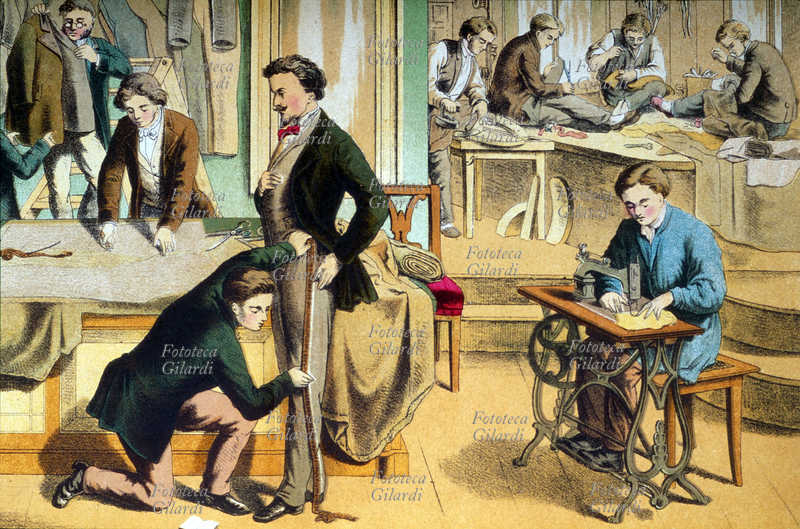 MESTIERI La bottega del sarto. Al centro il sarto prende le misure al cliente. A sinistra c\