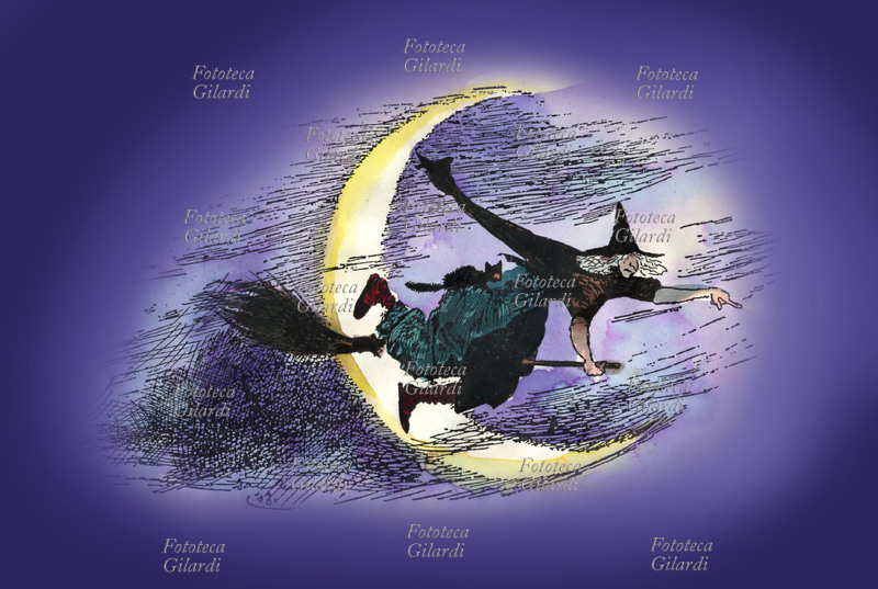 BEFANA in volo sulla scopa, nel cielo tenebroso spicca la falce della luna. Disegno acquarellato anni 1920 - 1929