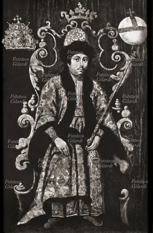 RUSSIA Feodor Alexeievic sul trono (1661-1682) zar dal 1676 al 1682 fu il 3° zar di Russia della dinastia dei Romanov. Stampa litografica da dipinto su tavola del XVIII secolo
