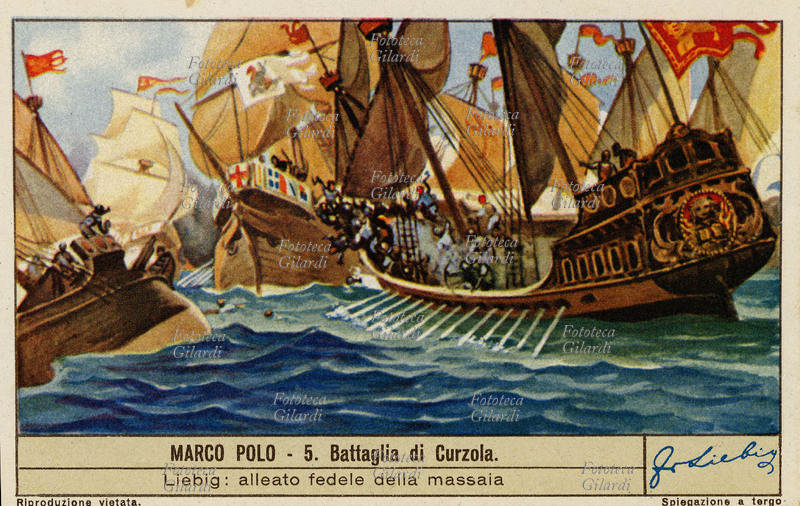 Marco POLO (15 settembre 1254 – 8 gennaio 1324) Battaglia di Curzola, 1298. Tornato in patria dovette combattere in difesa della Repubblica di Venezia contro la Repubblica di Genova; fu durante una di queste battaglie navali, la battaglia di Curzola, che sconfitto cadde prigioniero dei nemici e fu rinchiuso in carcere a Genova. Fotolitografia, figurina Liebig: \
