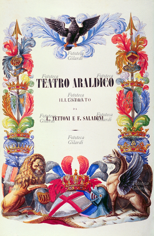 TEATRO ARALDICO Composizione di corone araldiche, cimieri e armi in cornice; su un manto d\