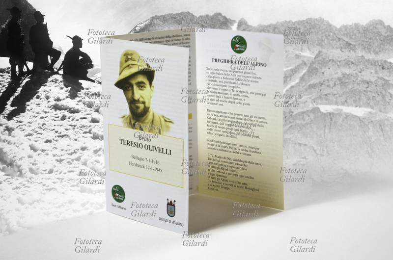Teresio OLIVELLI (Bellagio, 7 gennaio 1916 - Hersbruck, 17 gennaio 1945), militare tra gli alpini, patriota e personalità religiosa italiana, morto in campo di concentramento difendendo i più deboli. Pieghevole a tre ante diffuso come immagine devozionale in occasione della sua beatificazione che cita la \
