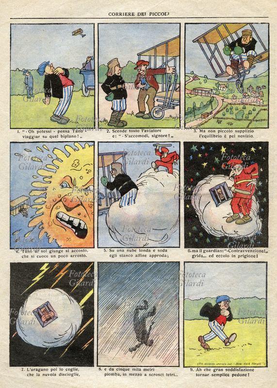STORIA DEL FUMETTO Vignette di Tano aviatore, con il commento in rima. \