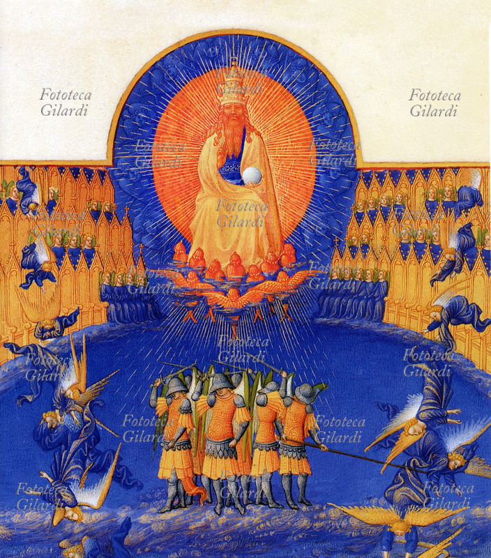 ANGELI La caduta degli angeli ribelli. Dio è circondato dalla Suprema Gerarchia dei Serafini (in rosso) e dei Cherubini (in blu). Dai Cori posti ai lati di Dio, precipitano gli angeli ribelli cacciati dai 7 Arcangeli armati: Michele, Gabriele, Raffaele, Zerachiel, Uriel; e poi, secondo la tradizione ebraica e San Gregorio Magno, Anaele e Camaele; oppure secondo il libro di Enoch sono Raguel e Remiel . Miniatura tratta dai Salmi Penitenziali del \