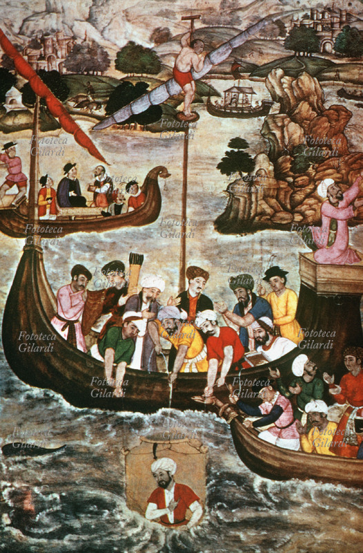 ALESSANDRO Magno (356-323 a.C.) viene chiuso in una campana di vetro e calato in mare per esplorare il fondo marino e osservare le creature che vivono negli abissi. Miniatura, s.d.