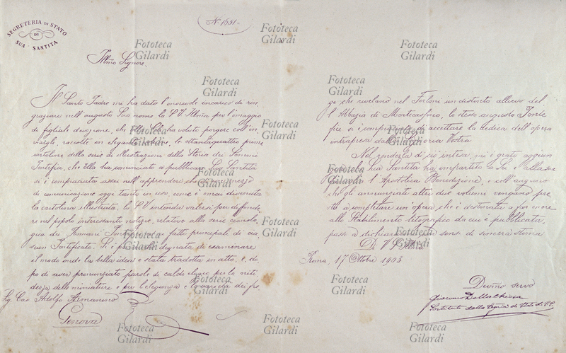 Giacomo DELLA CHIESA (1854-1922) in seguito Papa Benedetto XV, sua lettera quando era sostituto della Segreteria di Stato con Papa Pio X e incaricato dallo stesso di ringraziare il Cav. Adolfo Armanino di Genova, litografo, dell\