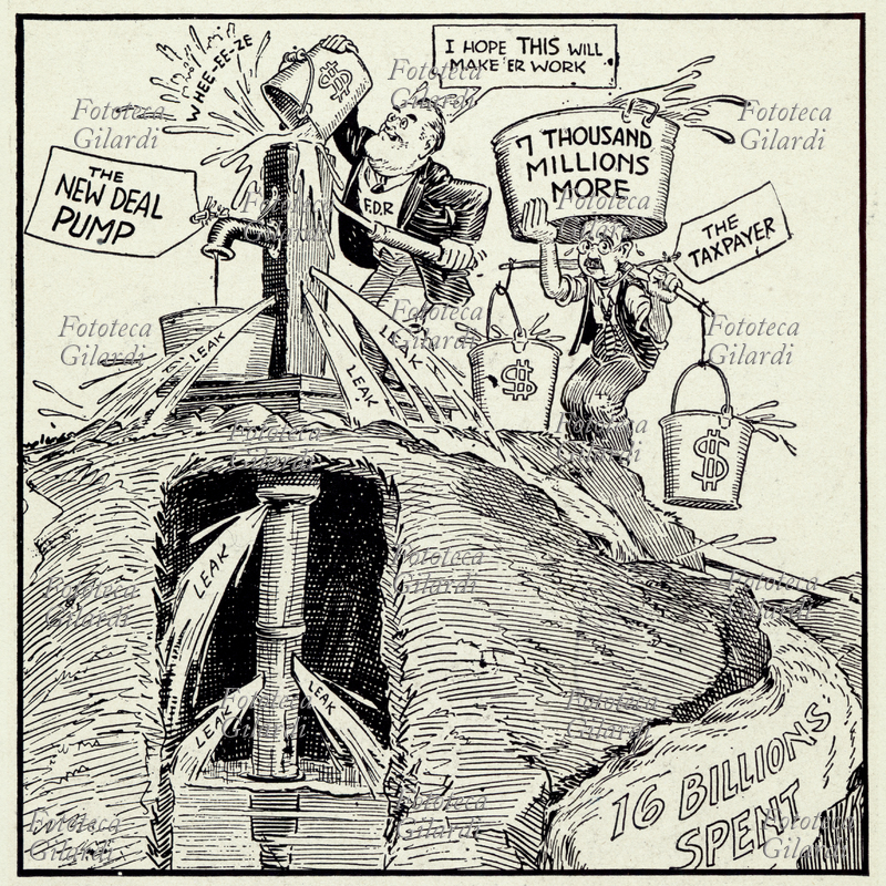 NEW DEAL Caricatura americana che critica il deficit del New Deal. Franklin Delano Roosevelt alle prese con una pompa che non funziona più, cioè il New Deal che \