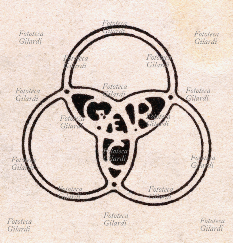 EDIZIONI RICORDI il celebre marchio con i tre cerchi, che veniva adeguato in modo sempre diverso alla grafica del periodo, tratto dalla quarta di copertina di una partitura, Milano 1921.
