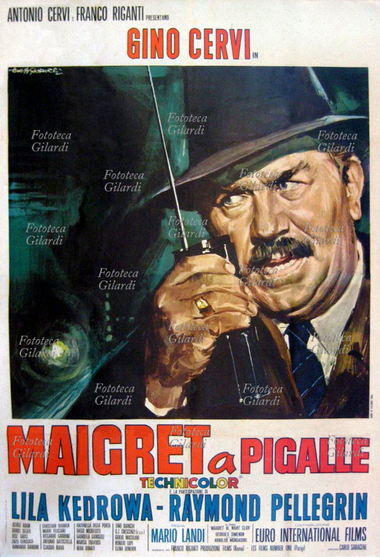 CINEMA manifesto del film poliziesco "Maigret a Pigalle", tratto dal romanzo "Maigret al night-club" di Georges Simenon (1903 - 1989). Con la regia di Mario Landi (1920 - 1992) e il celebre commissario interpretato da Gino Cervi (1901 - 1974), è stata la prima e unica pellicola girata per il cinema riproponendo la coppia regista/protagonista della fortunata serie televisiva. Produzione italo-francese, 1967.