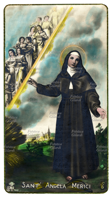 Saint Angela Merici (1474-1540) of Desenzano del Garda, founded the Congregation of the Ursulines in Brescia (Company of St. Ursula discharged) in 1535. Proclaimed a saint by Pope Pius VII in 1807, the anniversary of January 27. Little image photo watercolor depicting an illustration of Santa, Verona, 1940.