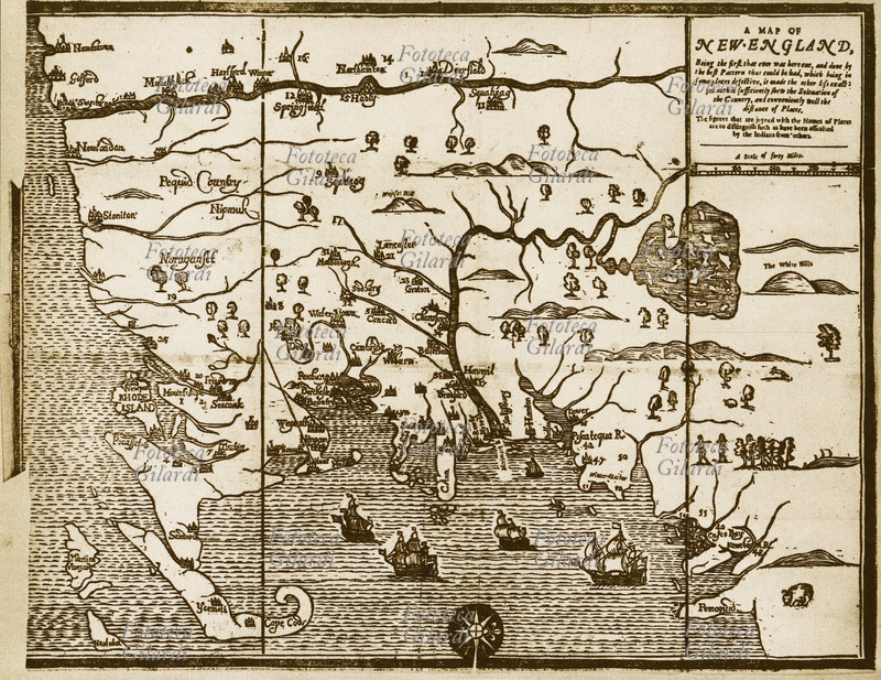 CARTOGRAFIA Mappa del New England, la prima dei territori americani in cui ci fu la migrazione inglese. Xilografia di John Foster, edizione americana del 1677.