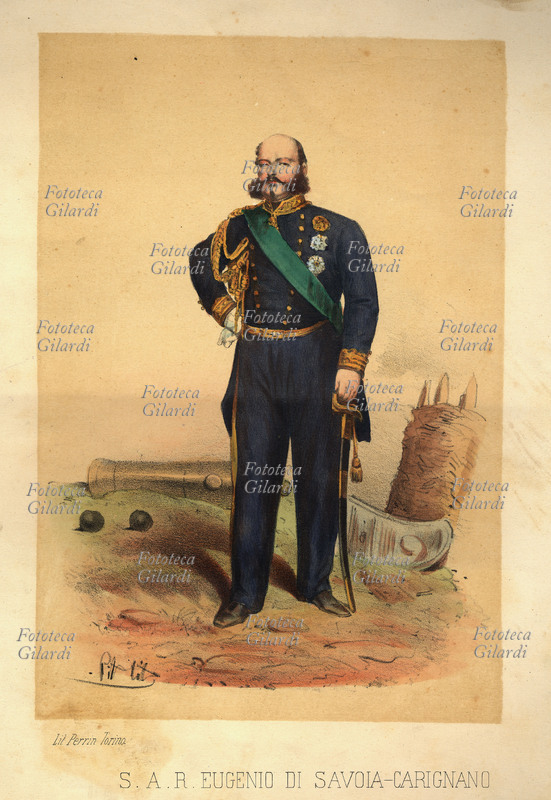 Eugenio di SAVOIA-Carignano (1816-1888) Ammesso nel 1834 ad una eventuale successione al trono. Sposa nel 1863 Felicita Crosio (1844-?). La sua discendenza, che costituisce il ramo di Villafranca - Soissons, è esclusa dalla successione al trono. Litografia Ferdinando Perrin, C. Perrin editore, Torino 1860