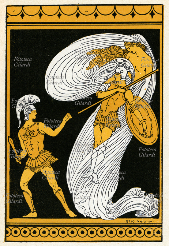 GUERRA DI TROIA Afrodite rapisce Paride per salvarlo durante il duello contro Menelao, dove stava per soccombere. Tavola da "Storie della storia del mondo. Greche e barbare", di Laura Cantoni Orvieto (7 marzo 1876 – 9 maggio 1953), scrittrice italiana che fu parte attiva del dibattito letterario a partire dagli inizi del XX secolo, e seppe unire la sua capacità di sintesi divulgativa alla passione per i bambini attraverso la produzione di una serie di apprezzatissimi libri per l\