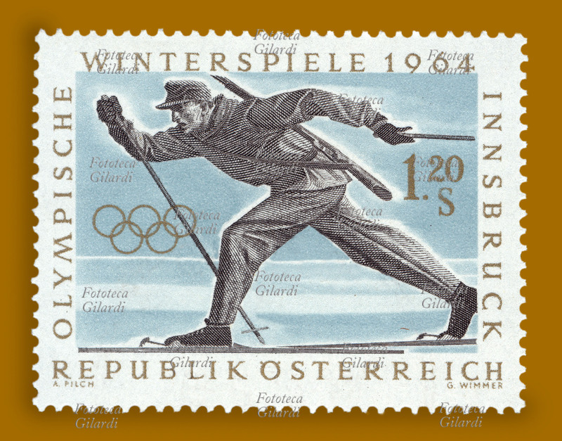 OLIMPIADI INVERNALI Biathlon. Francobollo della serie "Giochi Olimpici Invernali - Innsbruck 1964" emessa dalle poste austriache. Disegno di Adalbert Pilch (16 febbraio 1917 – 10 dicembre 2004) e incisione di G. Wimmer, valore nominale 1,20 scellini, fotoincisione e calcografia. Repubblica d\