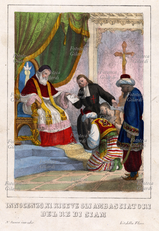 PAPA INNOCENZO XI Benedetto Odescalchi, nato a Como, eletto nel 1676, morto nel 1688. Litografia acquarellata della prima metà del XIX secolo raffigurante un episodio della vita del Papa: \