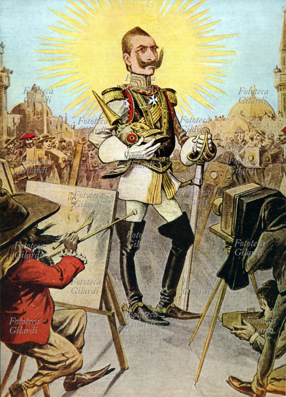 CARICATURA Guglielmo II in viaggio, immortalato in immagine da un pittore e una schiera di fotografi, antenati dei paparazzi. Vignetta pubblicata dalla rivista satirica contraria alla sua politica di espansione "Simplicissimus". Germania, XIX secolo