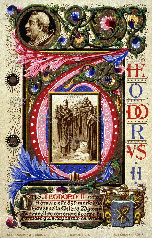 PAPA TEODORO II (? - 897) nato a Roma, eletto nel dicembre 897 e morto dopo soli 20 giorni di pontificato. Fece seppellire con onore il corpo di Formoso, già profanato per l\