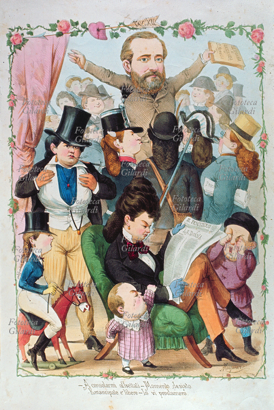 SUFFRAGIO Universale come emancipazione femminile. Caricatura di Salvatore Morelli (1824-1880) autore del libro intitolato \