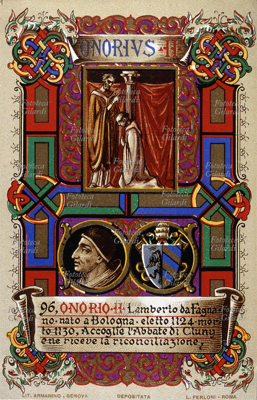 PAPA ONORIO II (9 febbraio 1060 – 13 febbraio 1130), al secolo Lamberto Scannabecchi da Fiagnano, nato a Bologna eletto nel 1124, accoglie l\