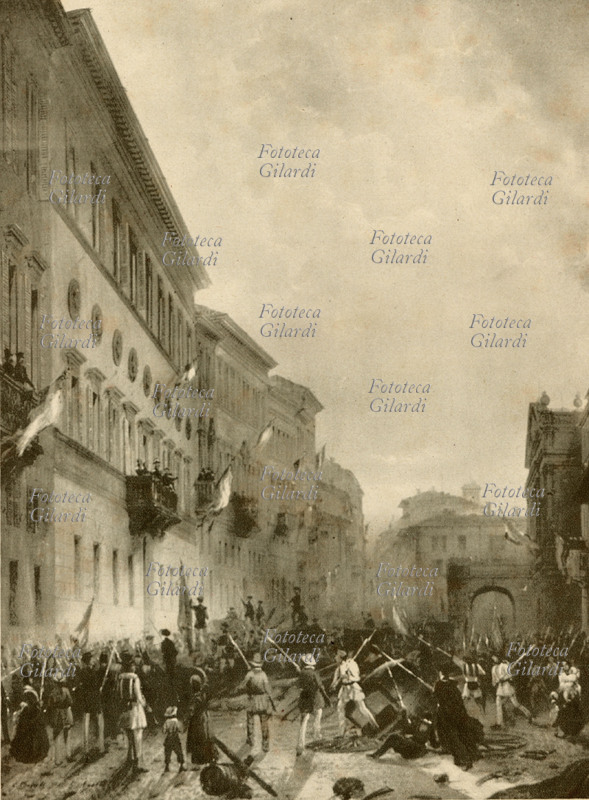 QUARANTOTTO Milano 5 agosto 1848: una scena della violenta dimostrazione popolare di protesta contro Carlo Alberto per la capitolazione della città di Milano agli Austriaci, dinnanzi a Palazzo Greppi, nella Corsia del Giardino (oggi via Manzoni). Stampa da acquerello di Carlo Bossoli (1815 – 1884), Italia XIX secolo .