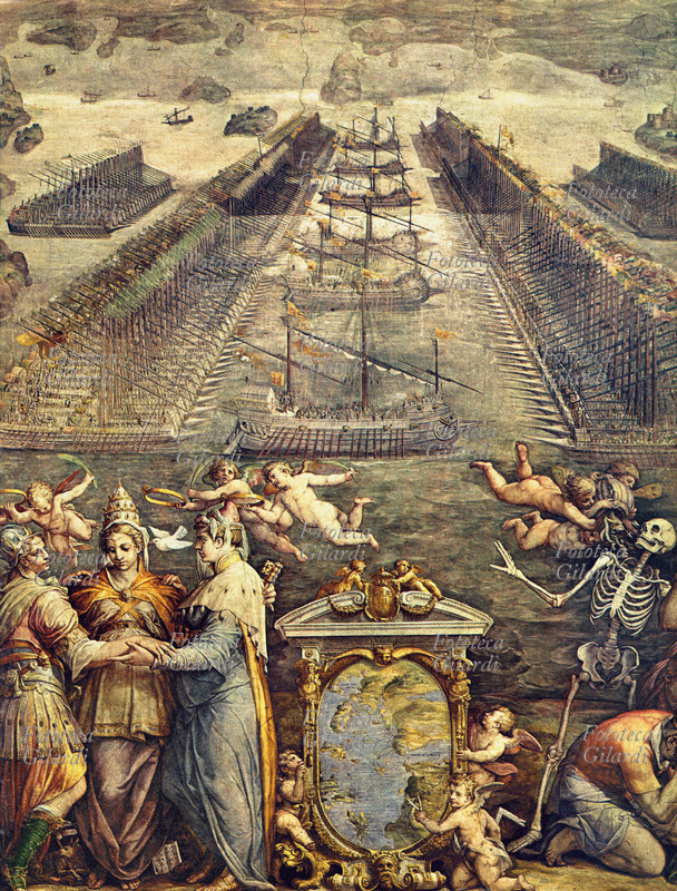 BATTAGLIA DI LEPANTO Allegoria della vittoria: le figure sulla sinistra rappresentano la Repubblica di Venezia, Filippo II di Spagna e Papa Pio V, mentre sulla destra è raffigurata la morte. Stampa del XIX secolo che riproduce il dipinto celebrativo di Bruno del Priore eseguito per la vittoria della Battaglia di Lepanto, 1571